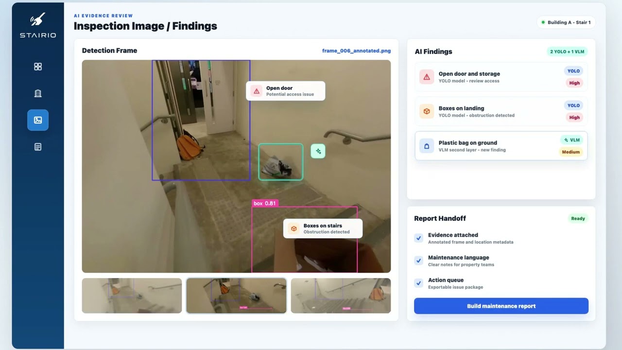 Stairio operator review interface with stairwell imagery